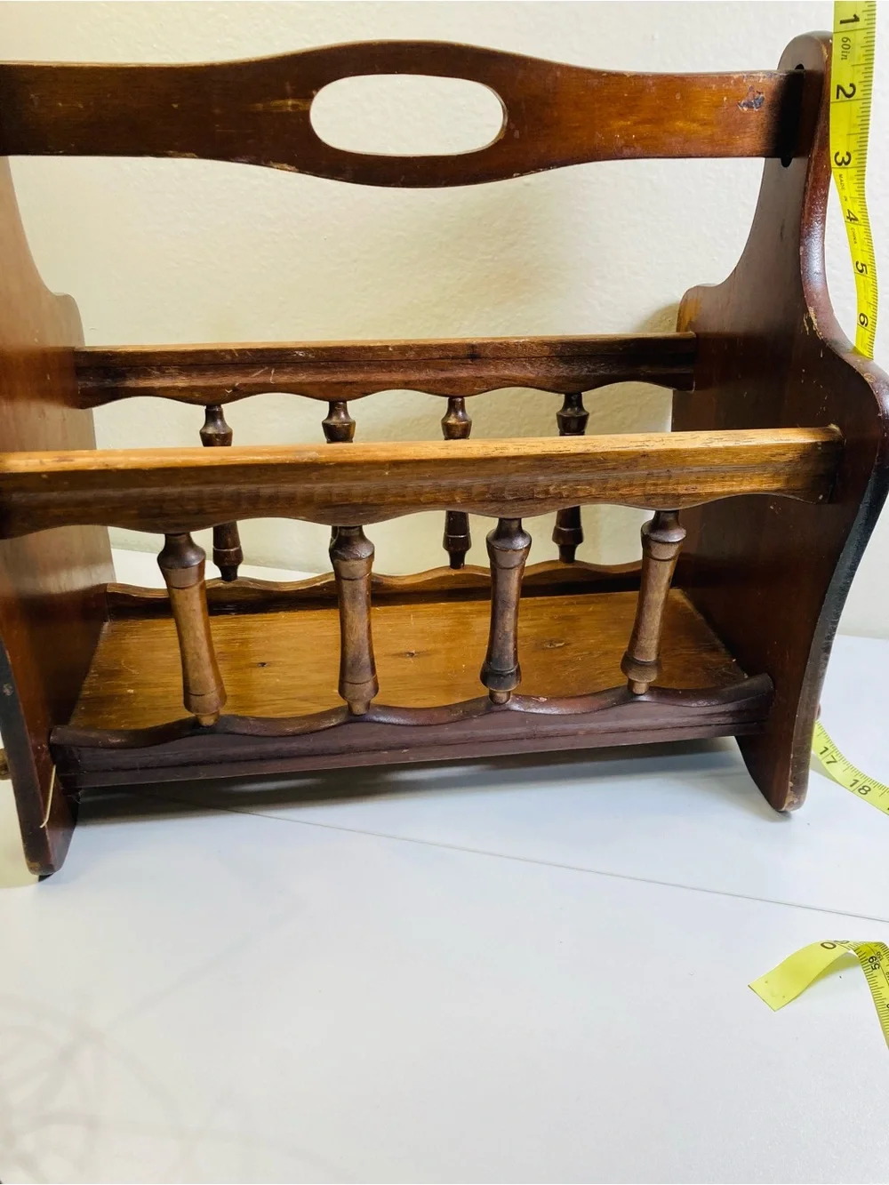 XL Vintage Wooden Yarn Caddy / Magazine Rack with Handle ~16” x ~17”